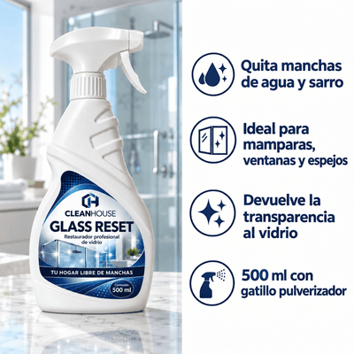 CLEANHOUSE Glass Reset | Vidrios y mamparas transparentes, sin manchas de agua.