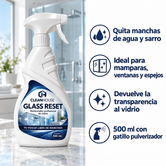 CLEANHOUSE Glass Reset | Vidrios y mamparas transparentes, sin manchas de agua.